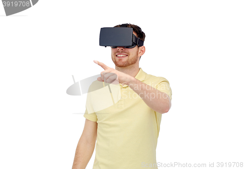 Image of happy man in virtual reality headset or 3d glasses
