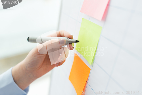 Image of close up of hand drawing on sticker at flip chart