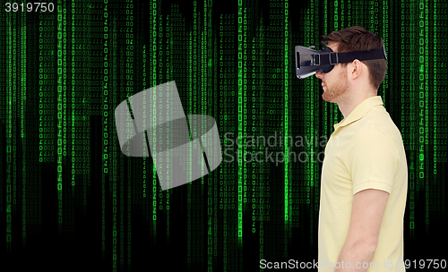 Image of man in virtual reality headset or 3d glasses