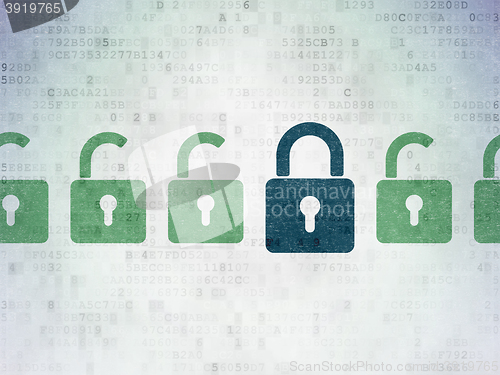 Image of Privacy concept: closed padlock icon on Digital Data Paper background