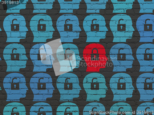 Image of Privacy concept: head with padlock icon on wall background