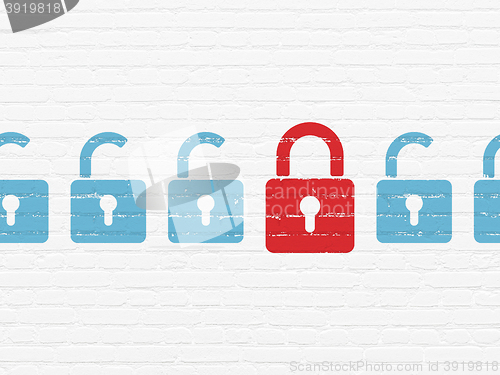 Image of Privacy concept: closed padlock icon on wall background