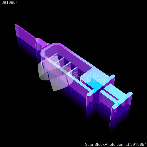 Image of Medicine icon: 3d neon glowing Syringe made of glass, vector illustration.