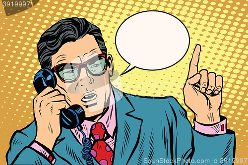 Image of Business boss talking on the phone, Retro background