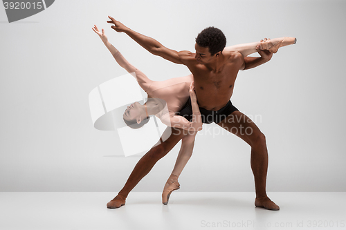 Image of Couple of ballet dancers posing over gray background