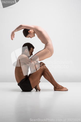 Image of Couple of ballet dancers posing over gray background