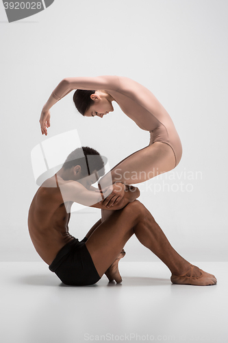 Image of Couple of ballet dancers posing over gray background