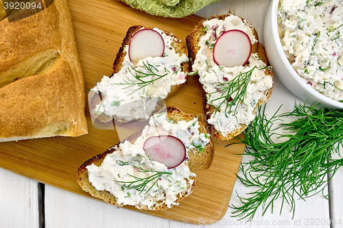 Image of Bread with pate of curd and radish on board top