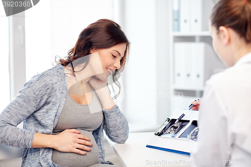 Image of gynecologist doctor and pregnant woman at hospital