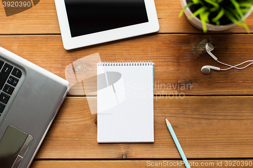 Image of close up of notebook, laptop and tablet pc on wood