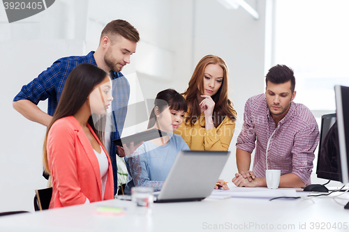 Image of creative team with blueprint working at office