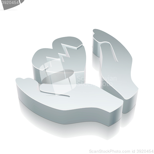 Image of Insurance icon: 3d metallic Heart And Palm with reflection, vector illustration.