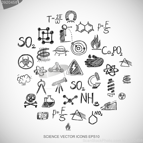 Image of Black doodles Hand Drawn Science Icons set on White. EPS10 vector illustration.