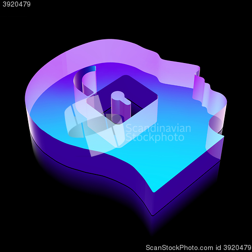 Image of Finance icon: 3d neon glowing Head With Padlock made of glass, vector illustration.