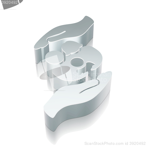 Image of Insurance icon: 3d metallic Family And Palm with reflection, vector illustration.