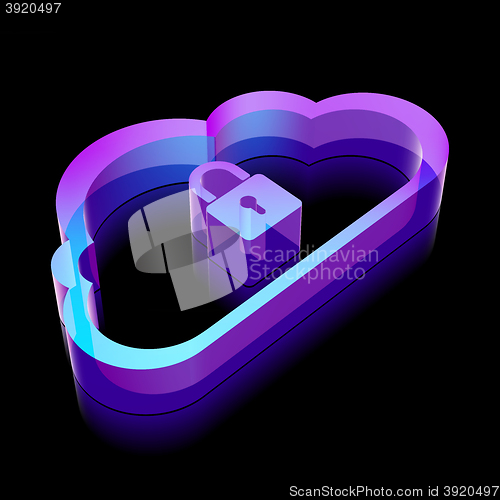 Image of Cloud networking icon: 3d neon glowing Cloud With Padlock made of glass, vector illustration.