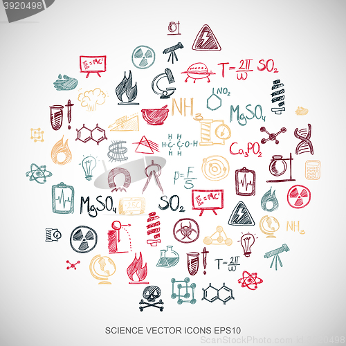 Image of Multicolor doodles Hand Drawn Science Icons set on White. EPS10 vector illustration.