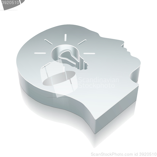 Image of Business icon: 3d metallic Head With Light Bulb with reflection, vector illustration.