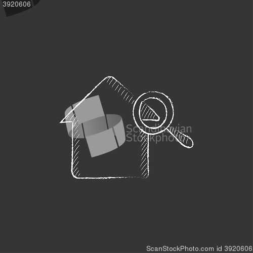 Image of House and magnifying glass. Drawn in chalk icon.