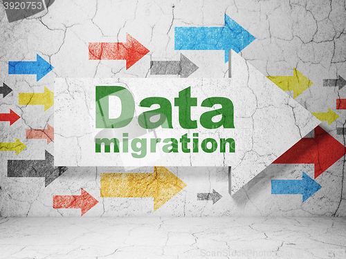 Image of Information concept: arrow with Data Migration on grunge wall background