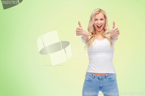 Image of happy young woman or teenage girl in white t-shirt