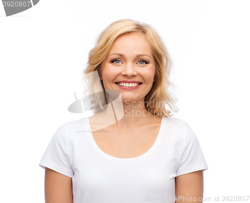 Image of smiling woman in blank white t-shirt