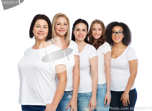 Image of group of happy different women in white t-shirts