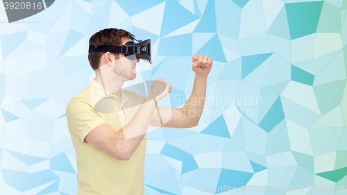 Image of man in virtual reality headset or 3d glasses