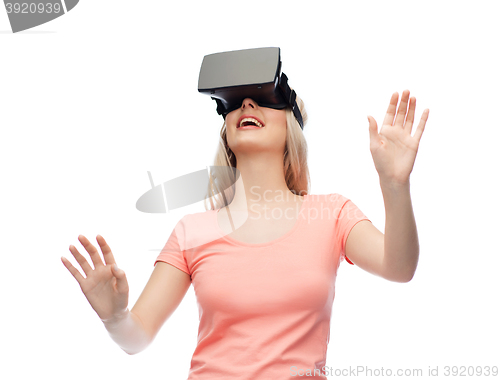 Image of woman in virtual reality headset or 3d glasses
