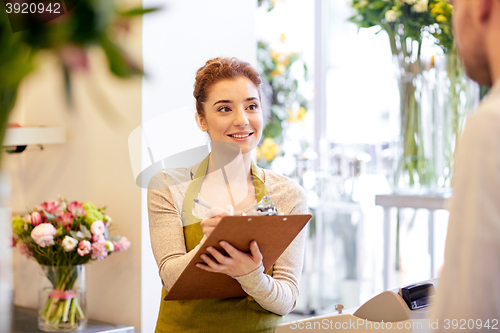 Image of florist woman and man making order at flower shop