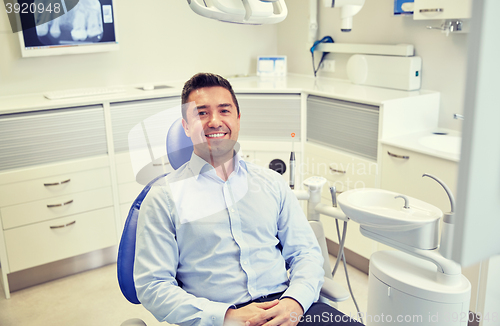 Image of happy male patient sitting on dental chair