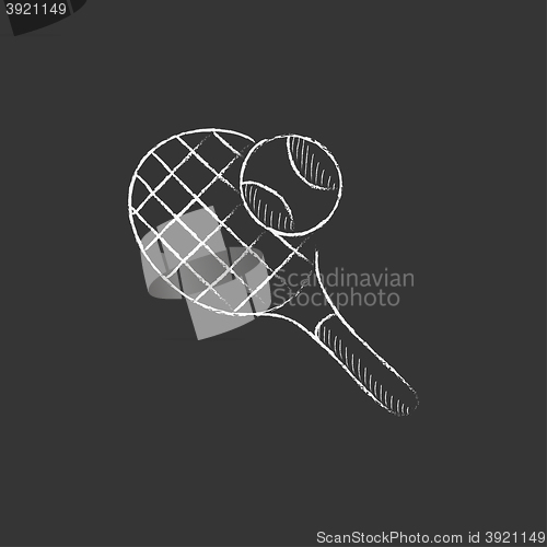 Image of Tennis racket and ball. Drawn in chalk icon.