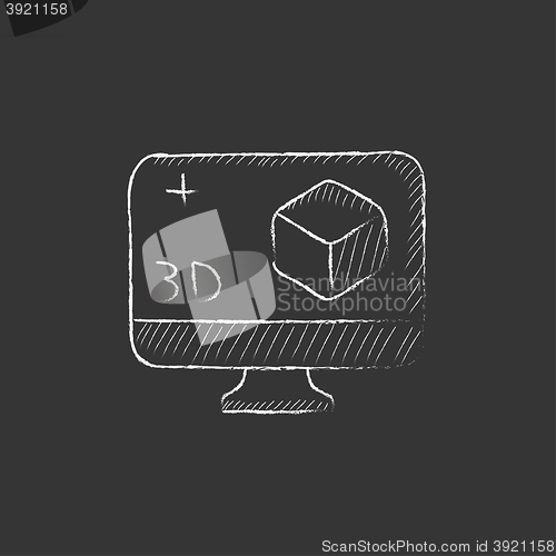 Image of Computer monitor with 3D box. Drawn in chalk icon.