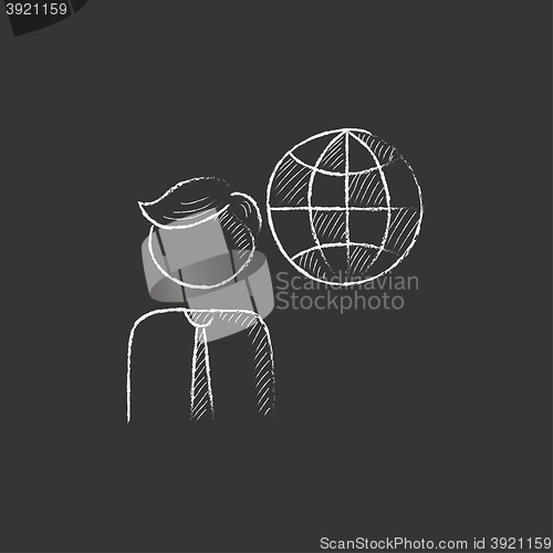 Image of Man with globe. Drawn in chalk icon.