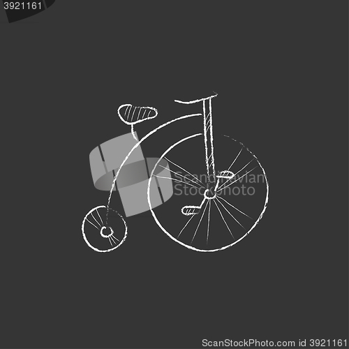 Image of Old bicycle with big wheel. Drawn in chalk icon.