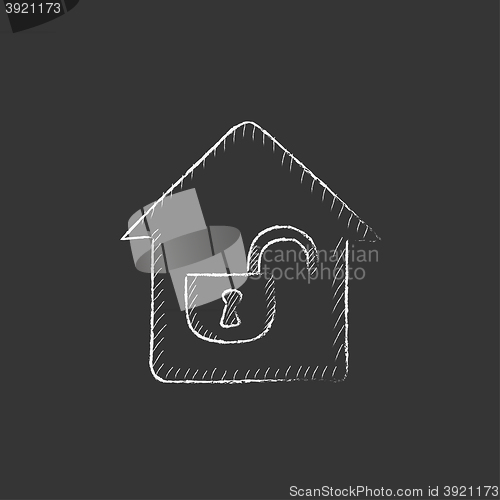 Image of House with open lock. Drawn in chalk icon.