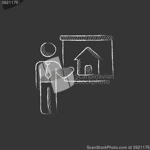 Image of Real estate agent showing house. Drawn in chalk icon.