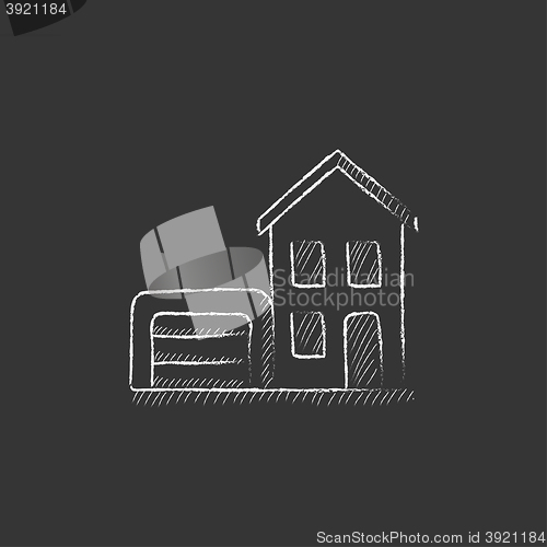 Image of House with garage. Drawn in chalk icon.