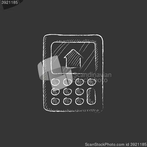 Image of Calculator with house on display. Drawn in chalk icon.