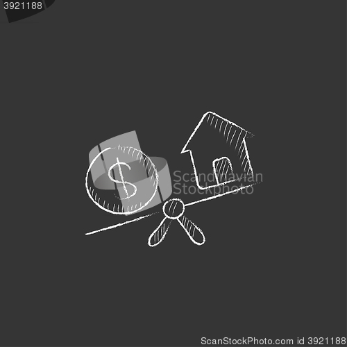 Image of House and dollar symbol on scales. Drawn in chalk icon.