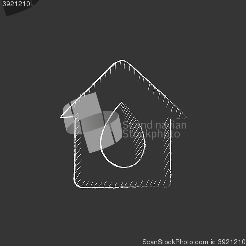 Image of House with water drop. Drawn in chalk icon.