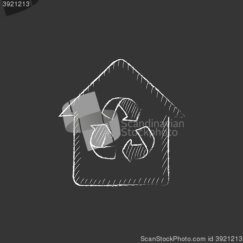 Image of House with recycling symbol. Drawn in chalk icon.