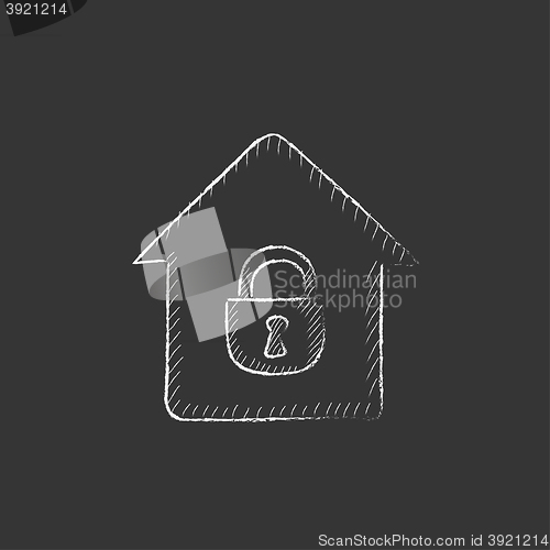 Image of House with closed lock. Drawn in chalk icon.