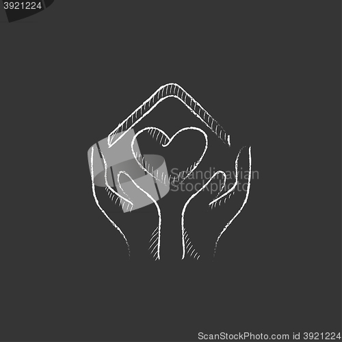Image of Hands holding house symbol with heart shape. Drawn in chalk icon.