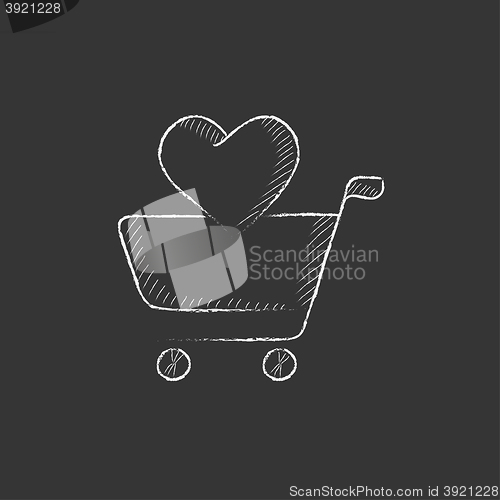 Image of Shopping cart with heart. Drawn in chalk icon.