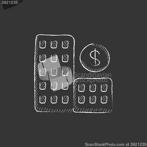 Image of Condominium with dollar symbol. Drawn in chalk icon.