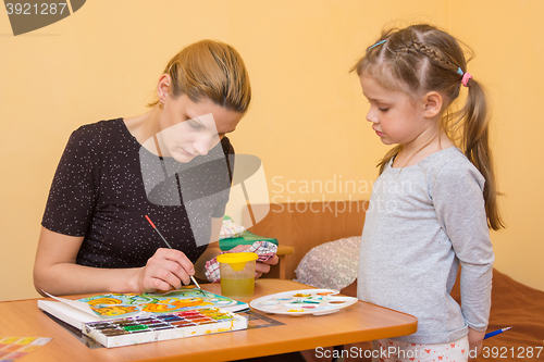 Image of Little girl watches as the artist paints watercolors on paper at the table