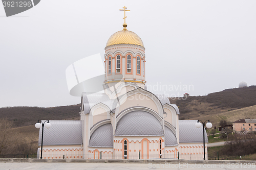 Image of Varvarovka, Russia - March 15, 2016: View from the bus area of the church in the village of Great Martyr Barbara Varvarovka, a suburb of Anapa, Krasnodar Krai