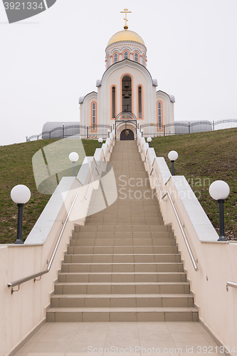 Image of Varvarovka, Russia - March 15, 2016: The staircase and the main entrance to the church of Great Martyr Barbara in the village Varvarovka, a suburb of Anapa, Krasnodar Krai