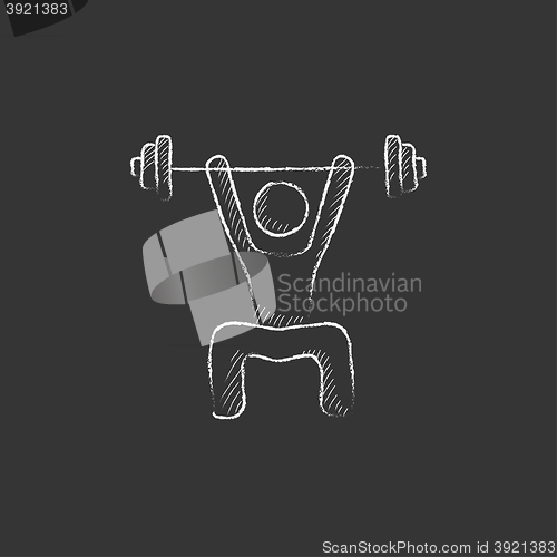 Image of Man exercising with barbell. Drawn in chalk icon.